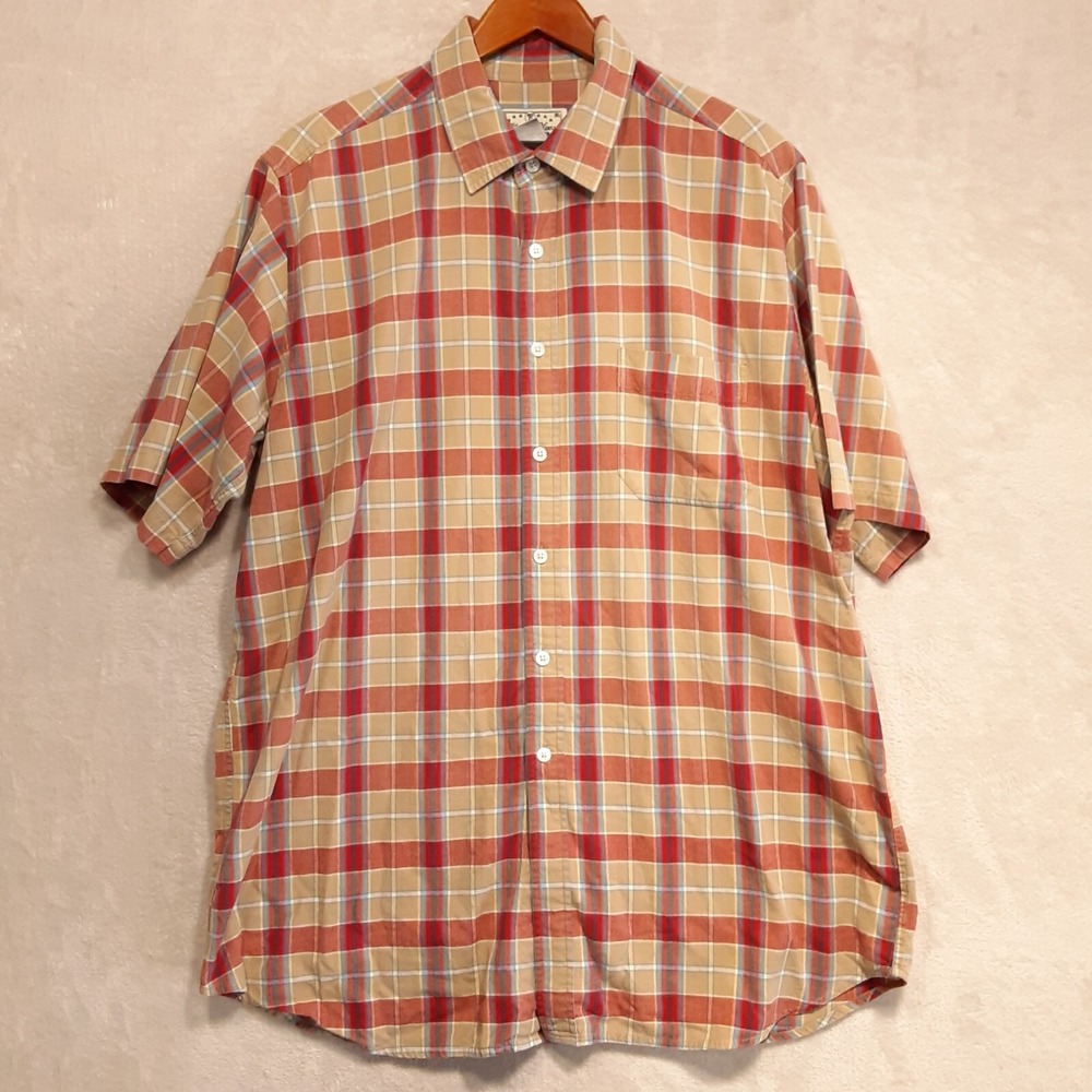 Liberty Blues Mens Short Sleeve Button Shirt Sz.XL-Tall/Beige-Red/Plaid/Cotton